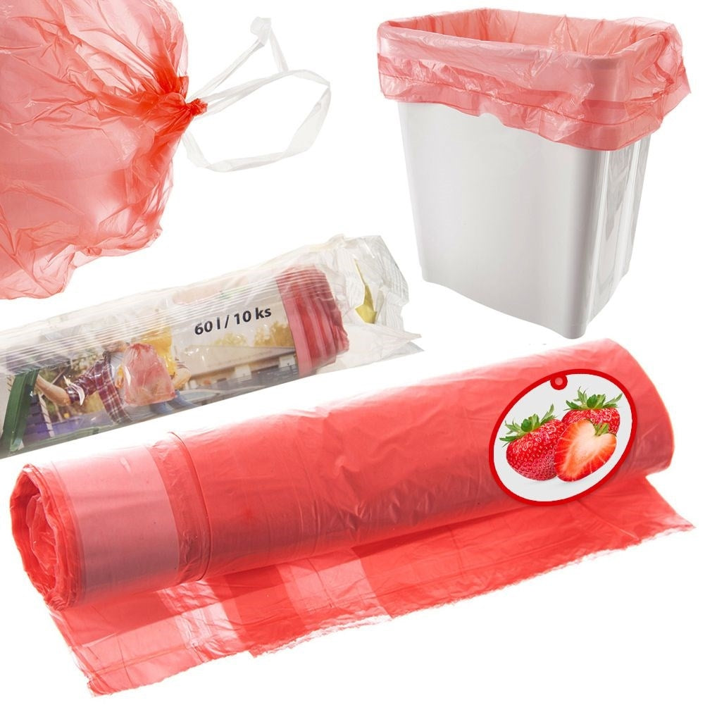 Garbage bags 60L HDPE Red Strawberry scent with drawstring, 10-pack