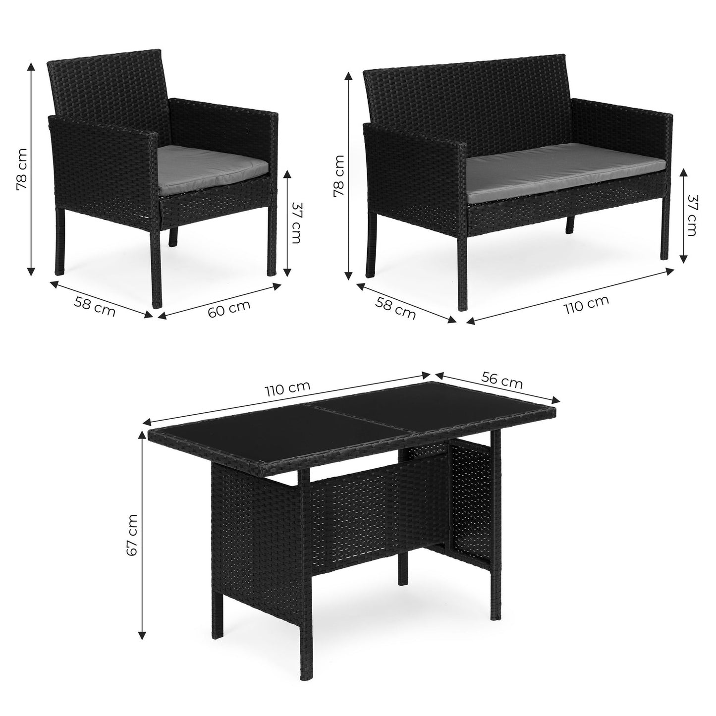 Garden Furniture Set with Rattan-Like Finish – Bench, Table, Chairs Black MultiGarden