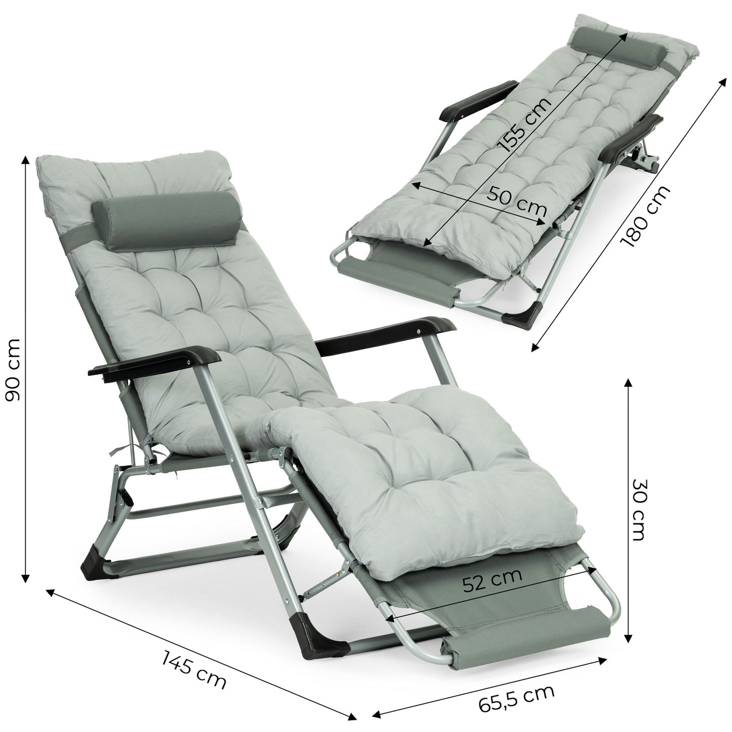 Garden Lounger with Cushion, Adjustable Footrest, Gray