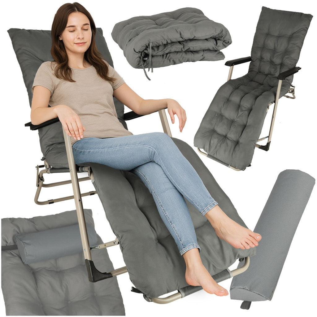Garden folding lounger with cushion grey