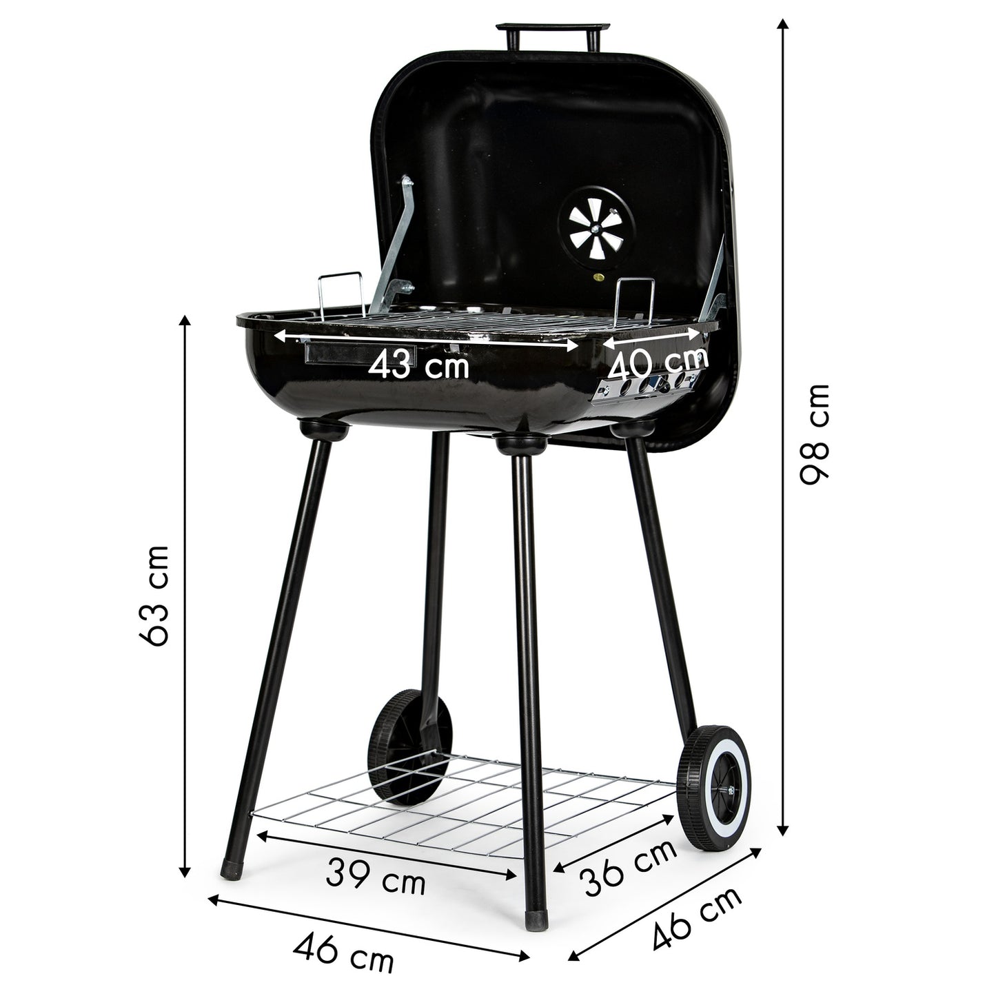Garden grill with hinged cover + wheels