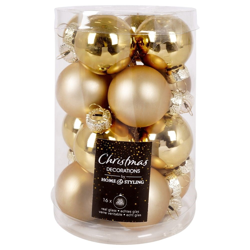 Glass Balls in Gold: 16-pack Matt and Shiny Christmas Tree Balls