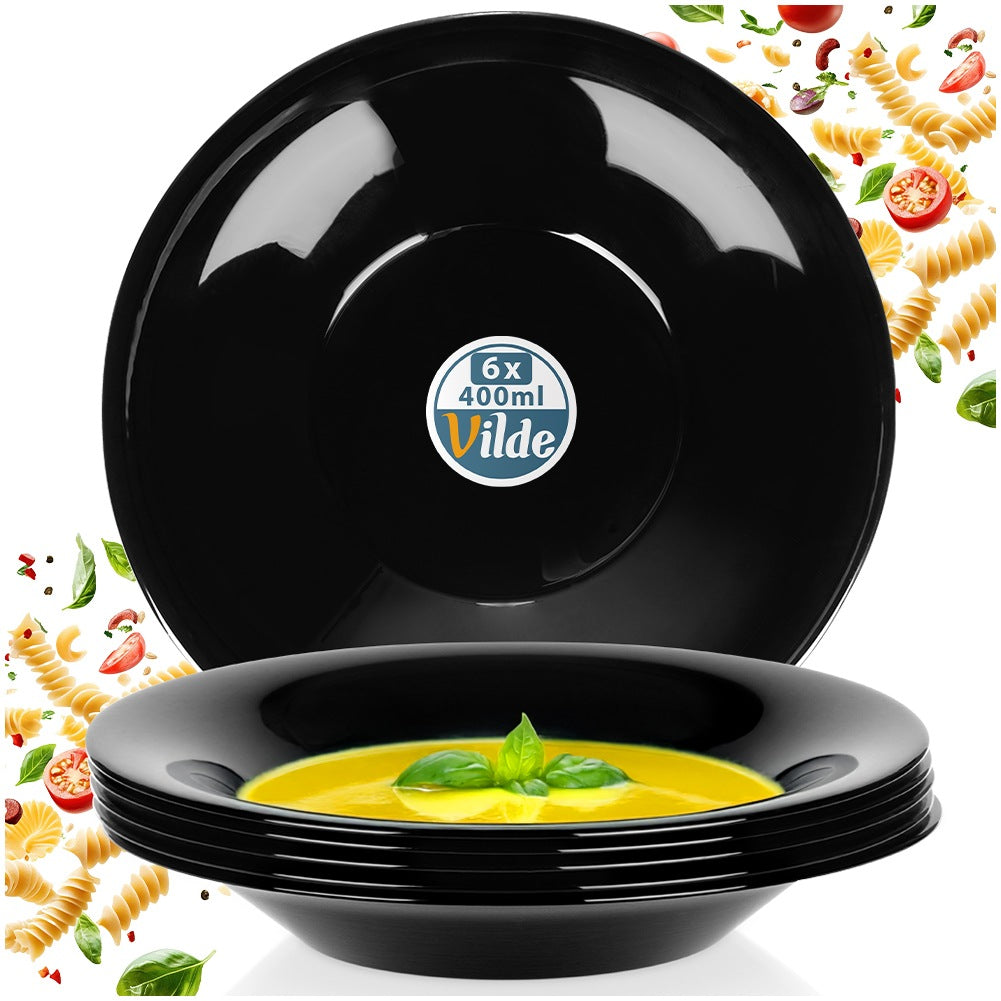 Glass Deep Dinner Plates, Black, 21.5 cm, 400 ml, Set of 6