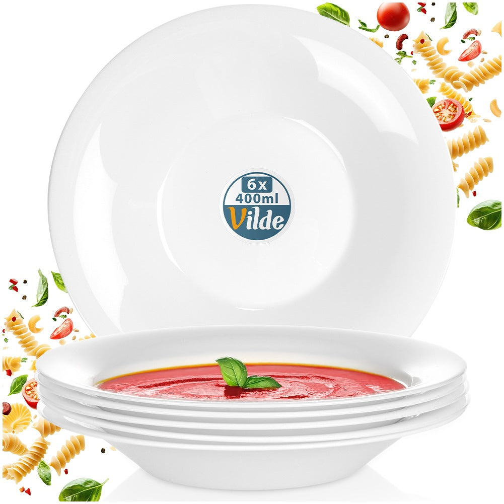 Glass Deep Dinner Plates, White, 21.5 cm, 400 ml, Set of 6