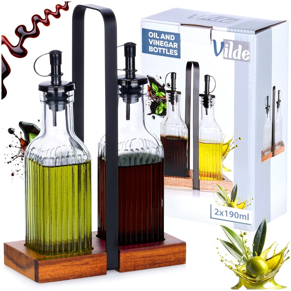 Glass Oil & Vinegar Bottle Set with Stand, 2x 190 ml