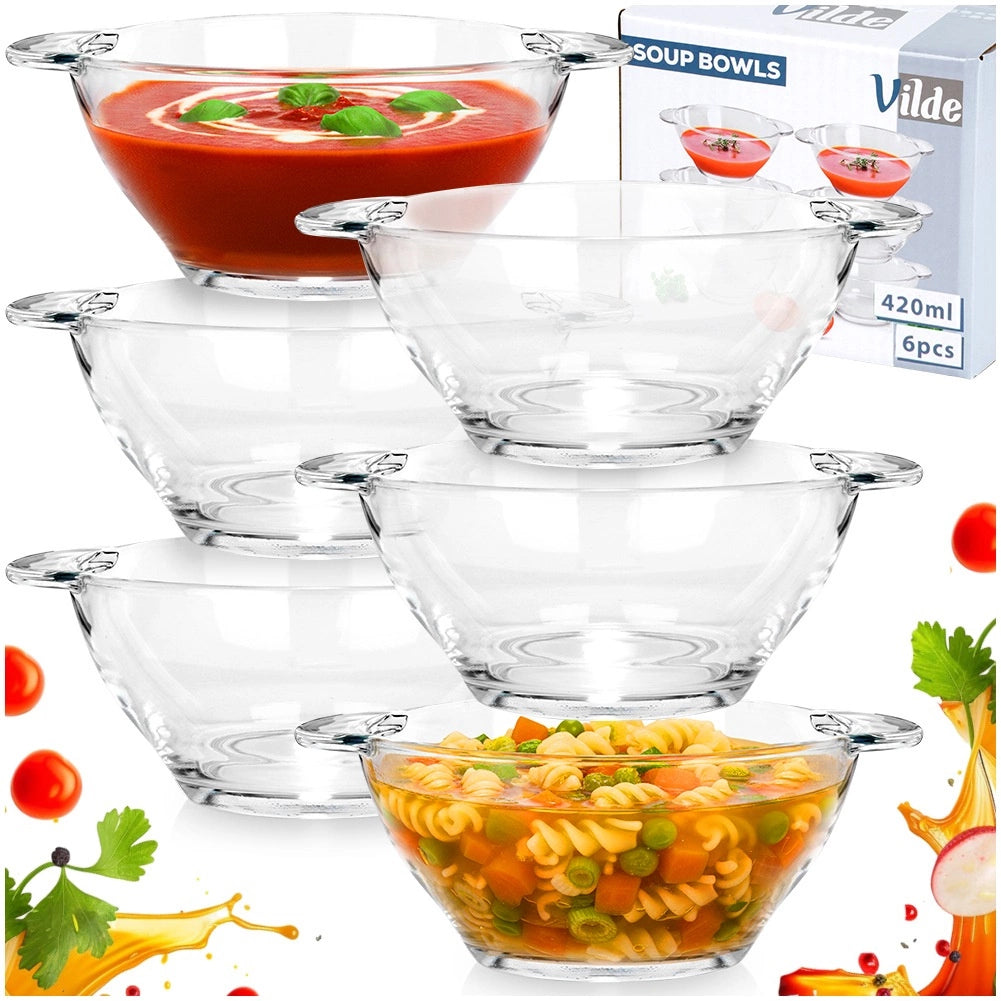 Glass Soup Bowls Set, 420 ml, 6 Pieces, Dishwasher Safe