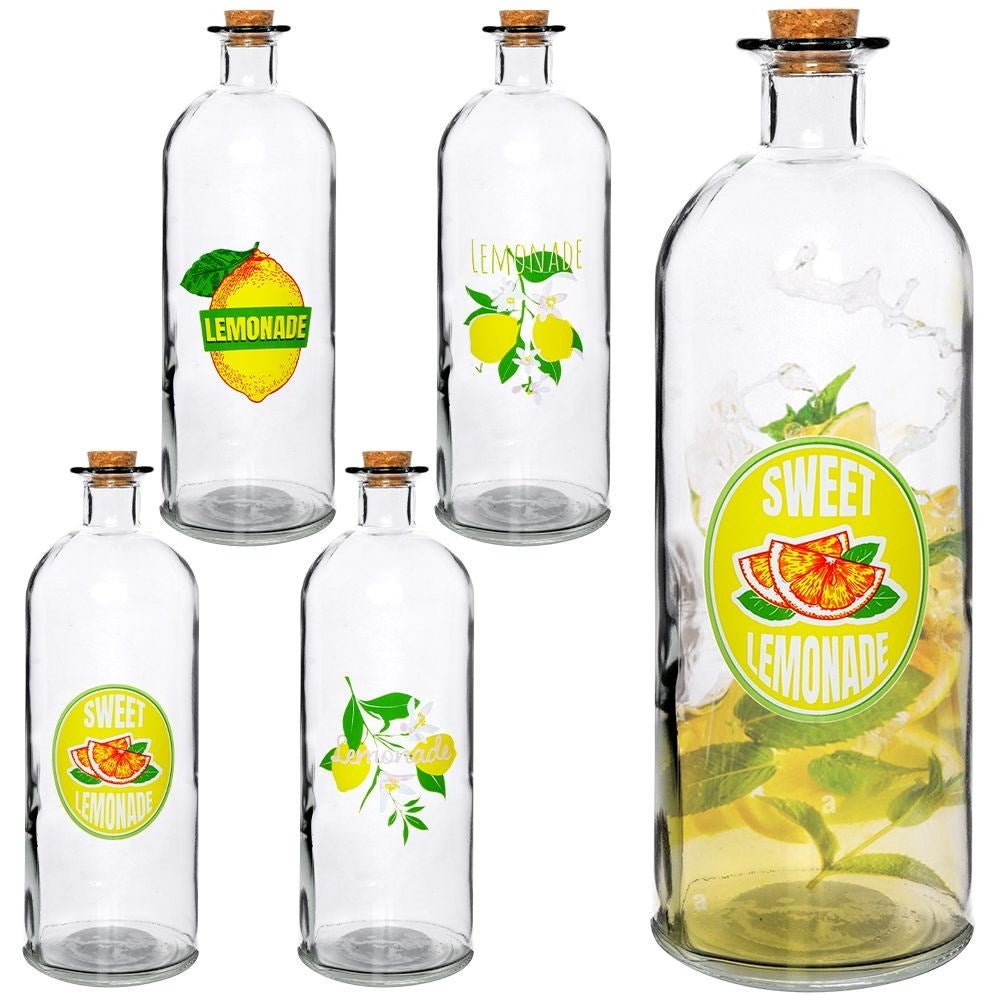 Glass bottle with lemon motif and cork, 1 liter
