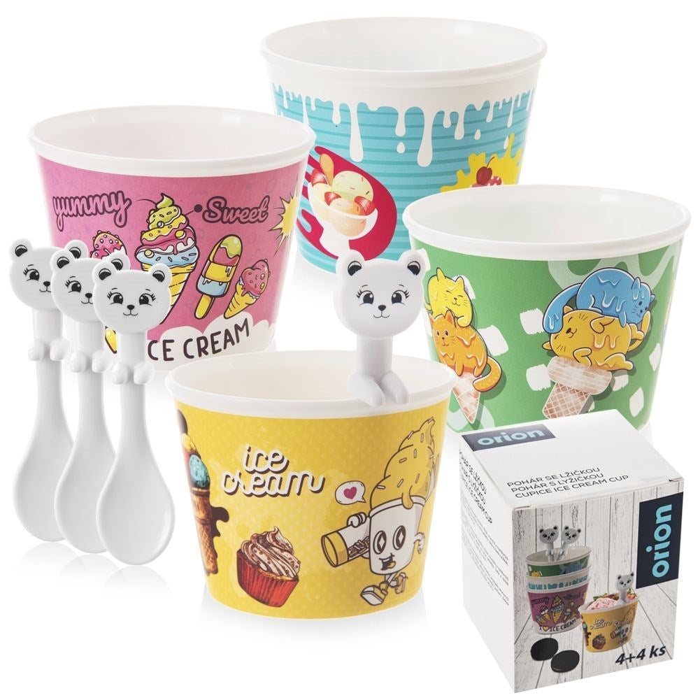 Glass bowls with bear-shaped spoons - 4 sets