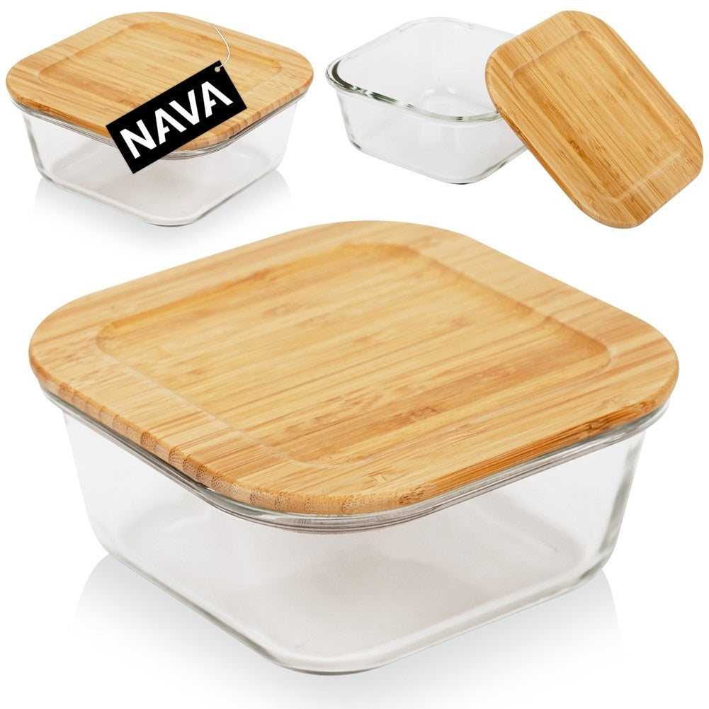 Glass container with bamboo lid and sealing ring for food storage