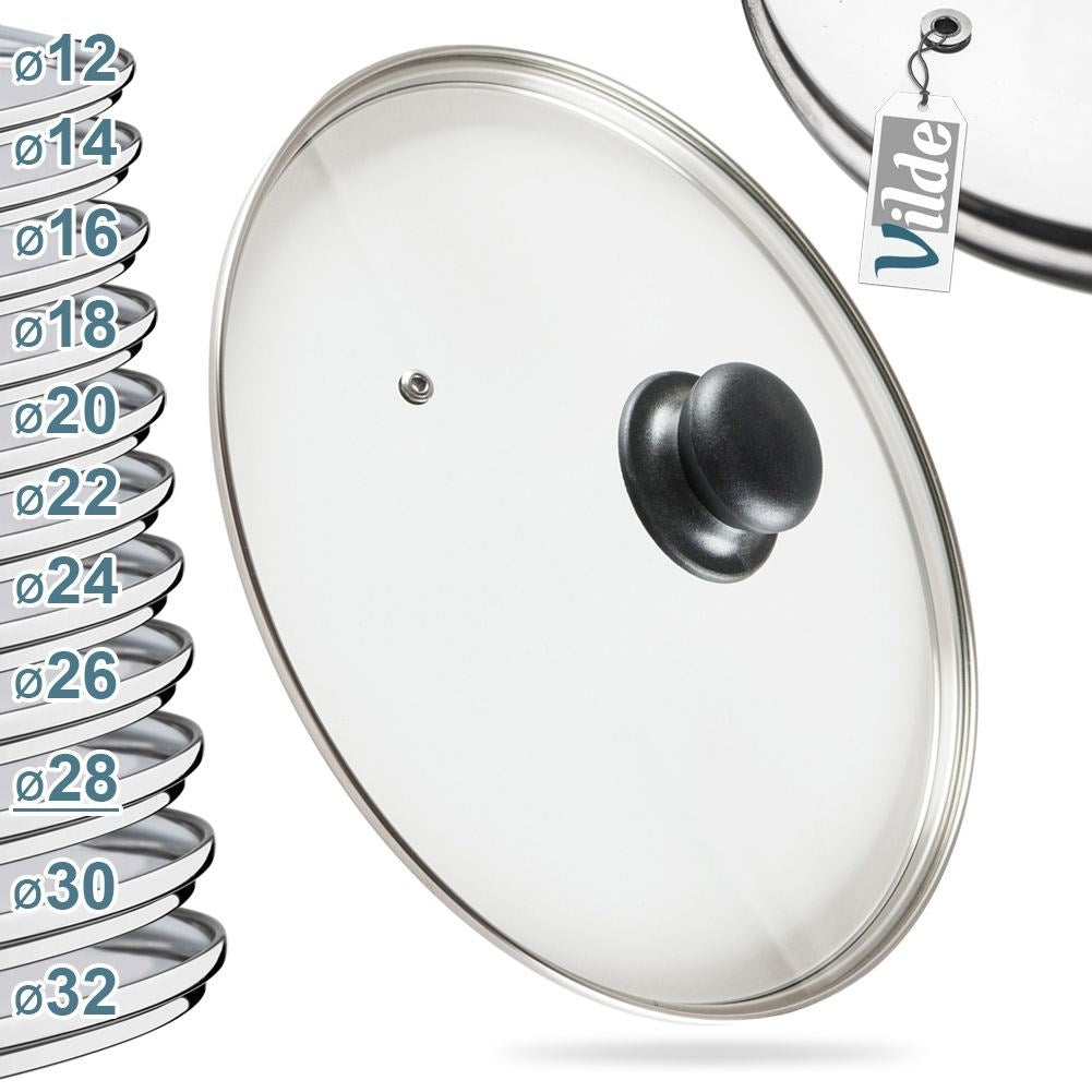 Glass lid with steel edge, plastic grip and steam outlet
