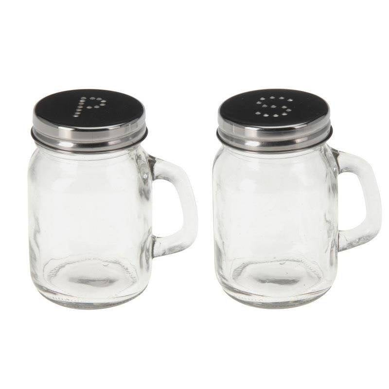 Glass salt and pepper shakers with handles and stainless lids