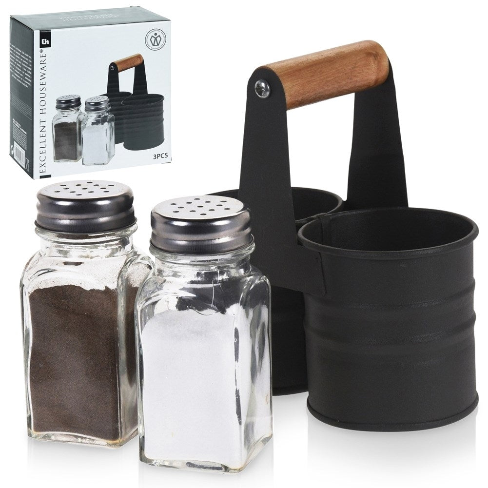 Glass salt and pepper shakers with metal stand and handle