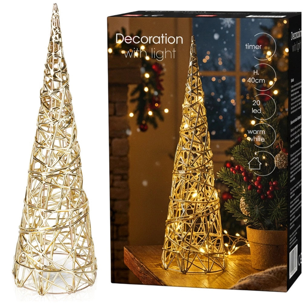 Gold LED Christmas Cone Tree, 40 cm, 20 Lights