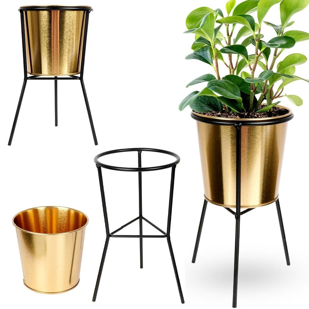 Gold flower pot with black metal stand for plants
