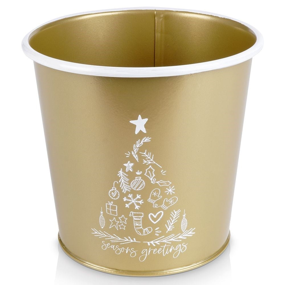 Gold metal pot with white Christmas tree decoration for plants