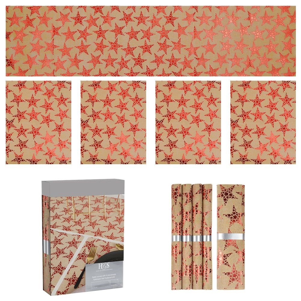 Gold placemats and runners with red stars - 4 pieces