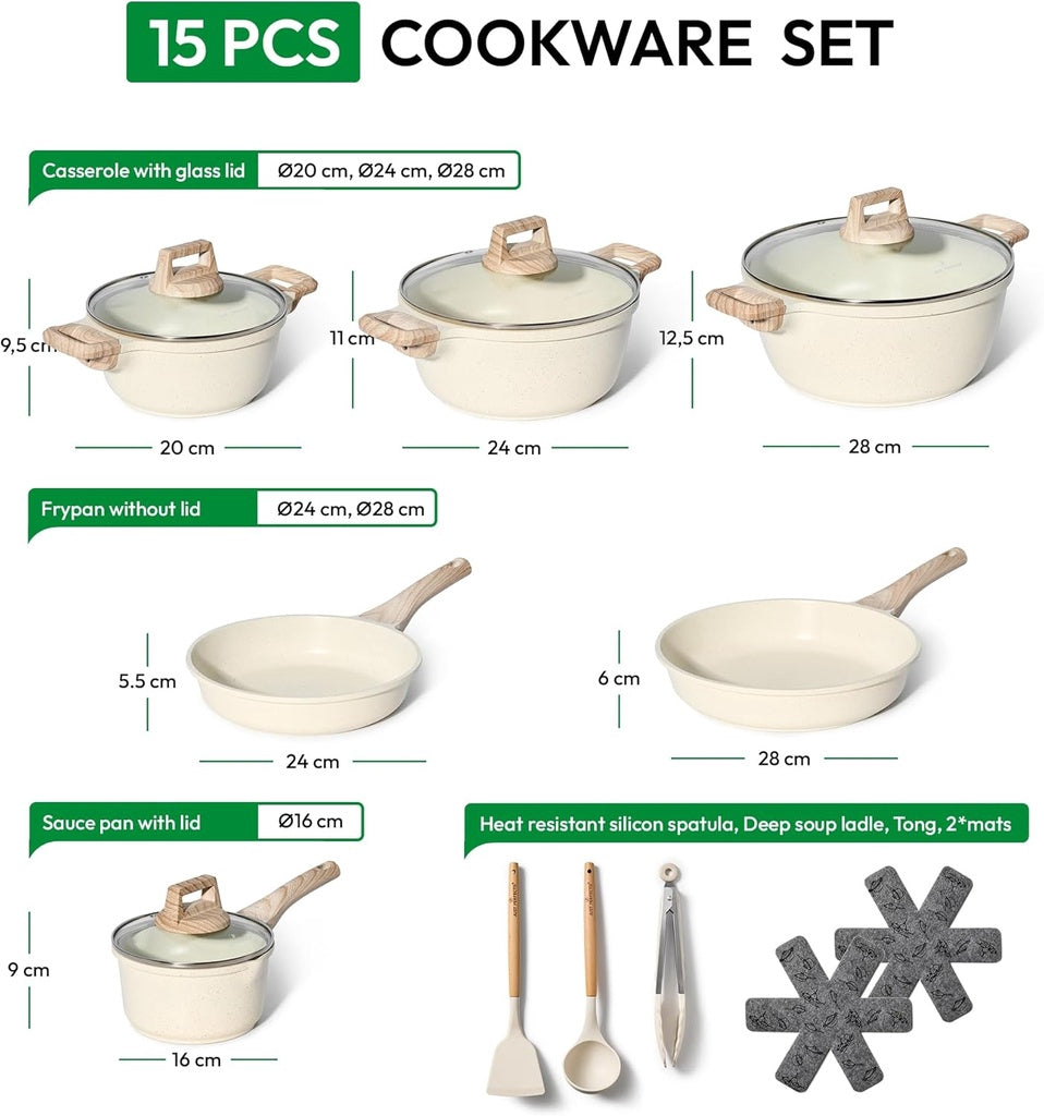 Granite Cookware Set, 15-Piece Non-Stick, Induction Ready