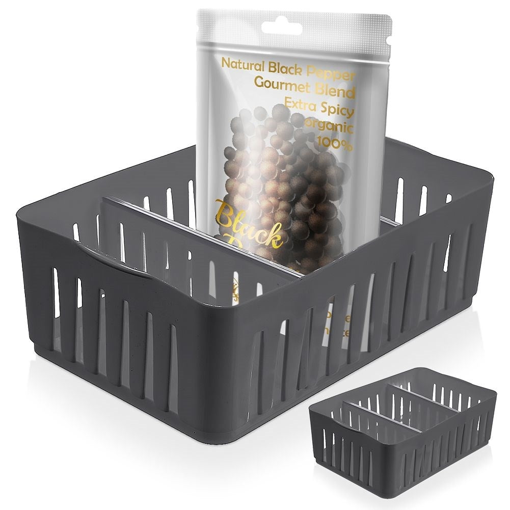 Gray storage container for spice bags with removable compartments