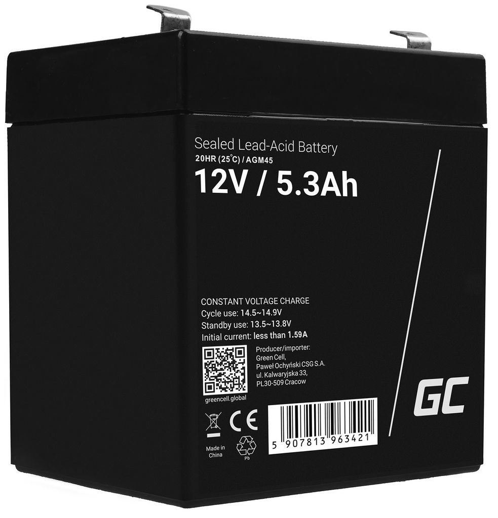 Green Cell 12V 5.3Ah Vrla-batteri för larm, kassaregister och leksaker