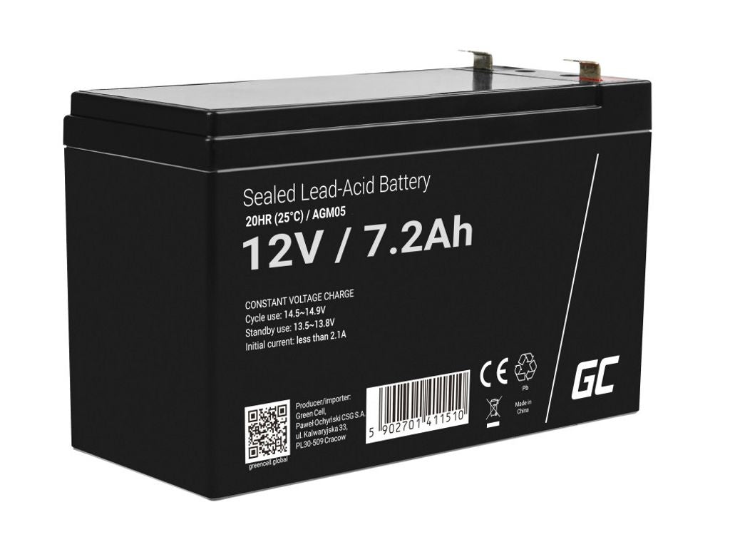 Green Cell AGM VRLA 12V 7.2Ah maintenance-free battery for alarm systems, cash registers, toys