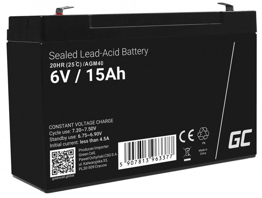 Green Cell AGM VRLA 6V 15Ah battery for alarm systems, cash registers, toys