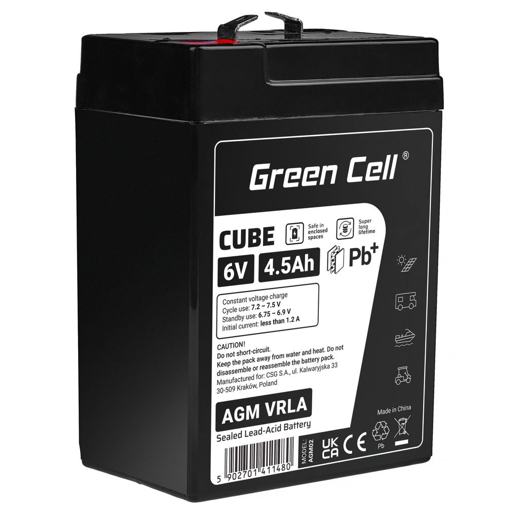 Green Cell CUBE AGM IP54 6V 4Ah Gel Battery for Scooters & Boats