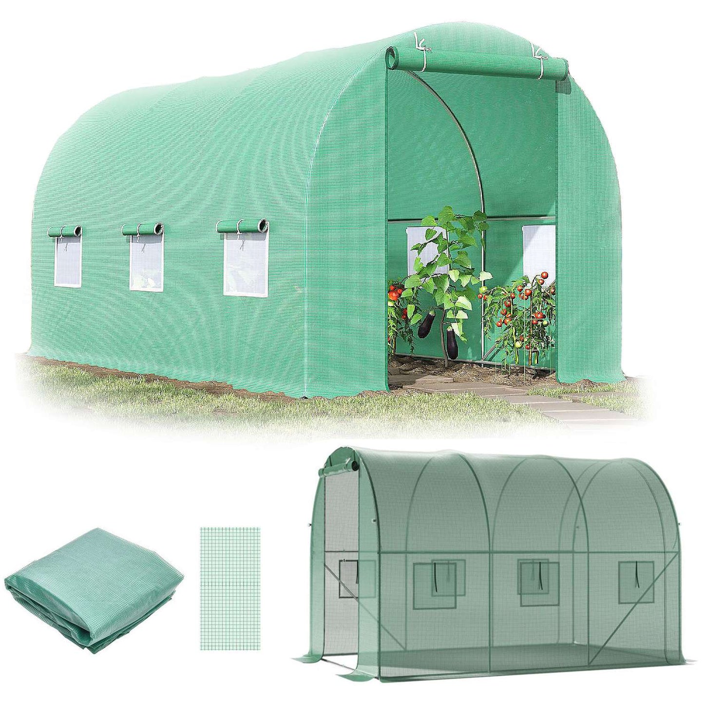 Greenhouse garden foil tunnel, multi-season metal frame, green foil 2x3x2m