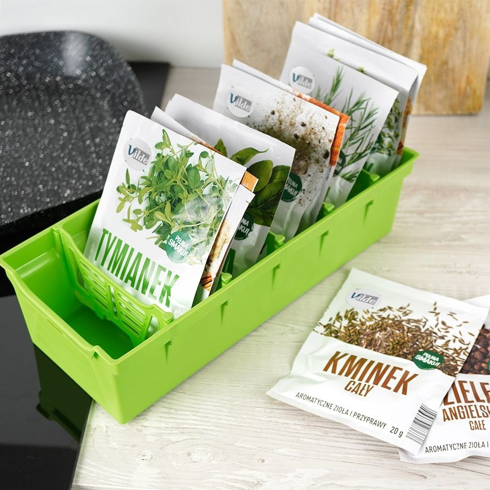 Green spice box with five removable compartments for kitchen organization