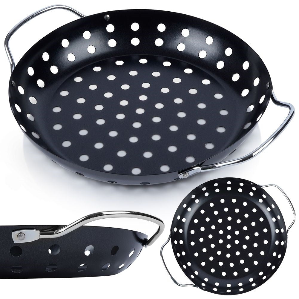 Grill basket with handle for grill, oven & open fire