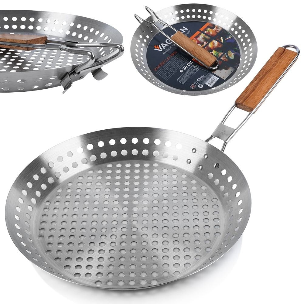 Grill pan with perforated surface and foldable handle