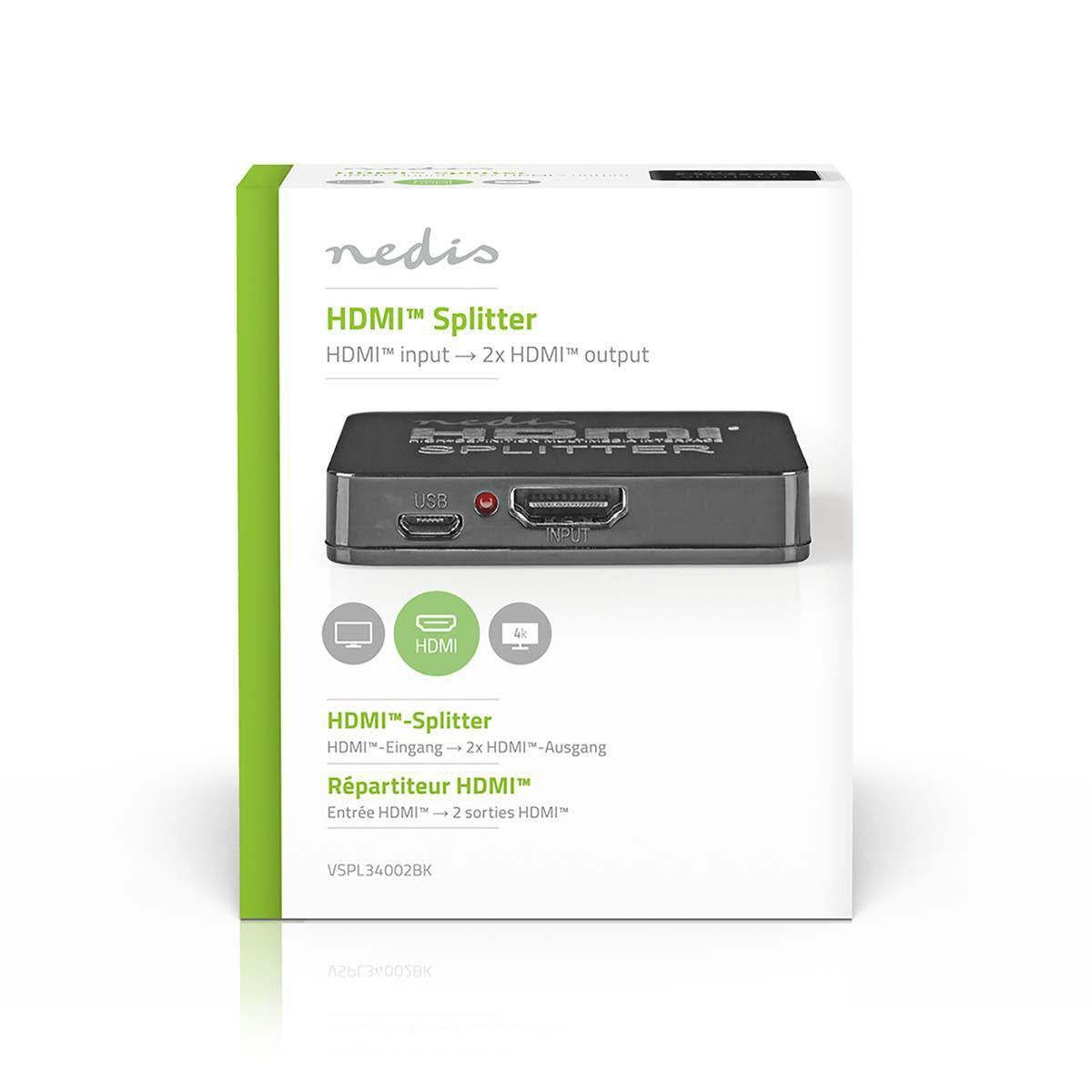 HDMI™ Splitter | 2-Port port(s) | HDMI™ input | 2x HDMI™ output | 4K@30Hz | 2.25 Gbps | ABS / PVC | Black