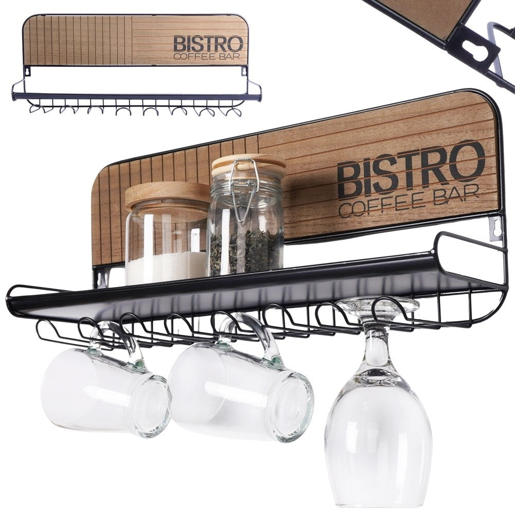 Hanger for glasses and cups with shelf in black metal