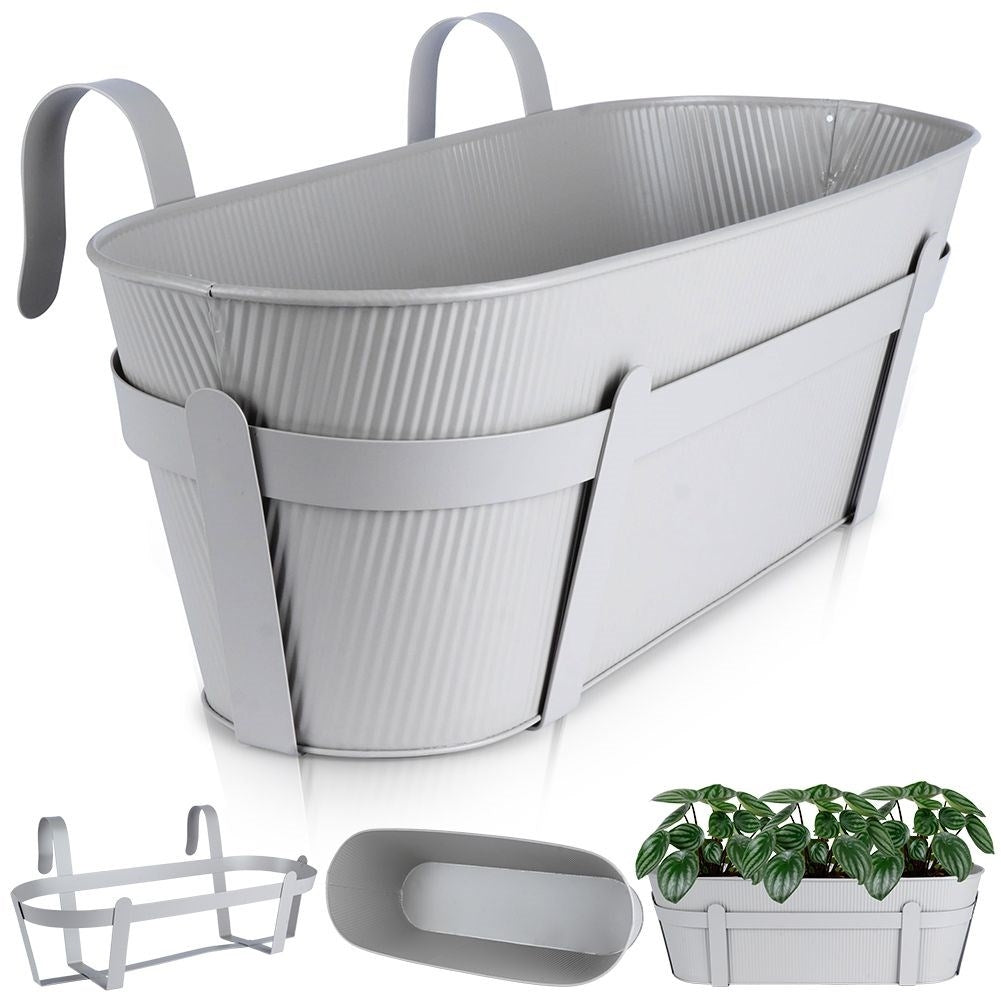 Hanging metal pot for balcony with grooved front