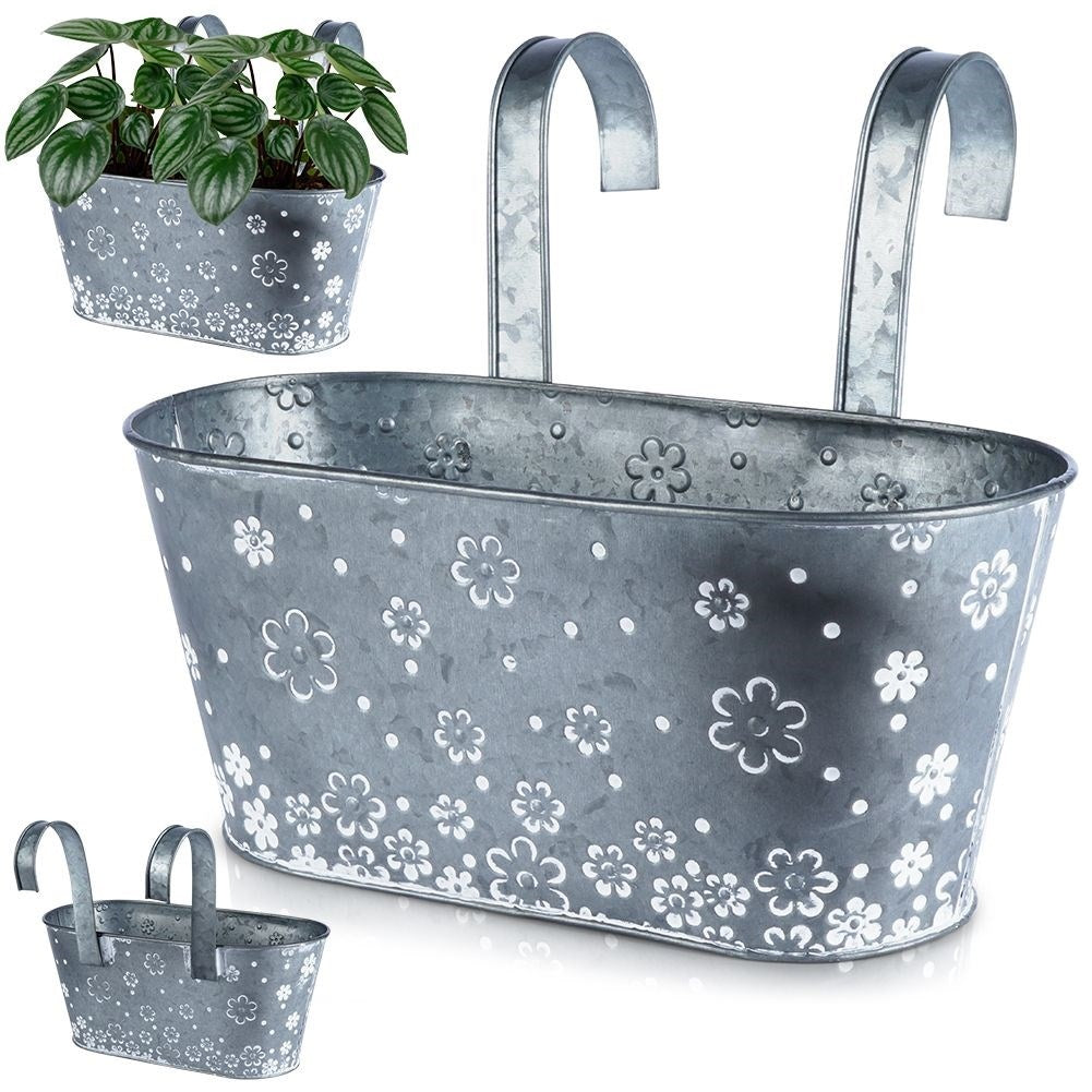 Hanging pot in galvanized metal with white flowers for balcony