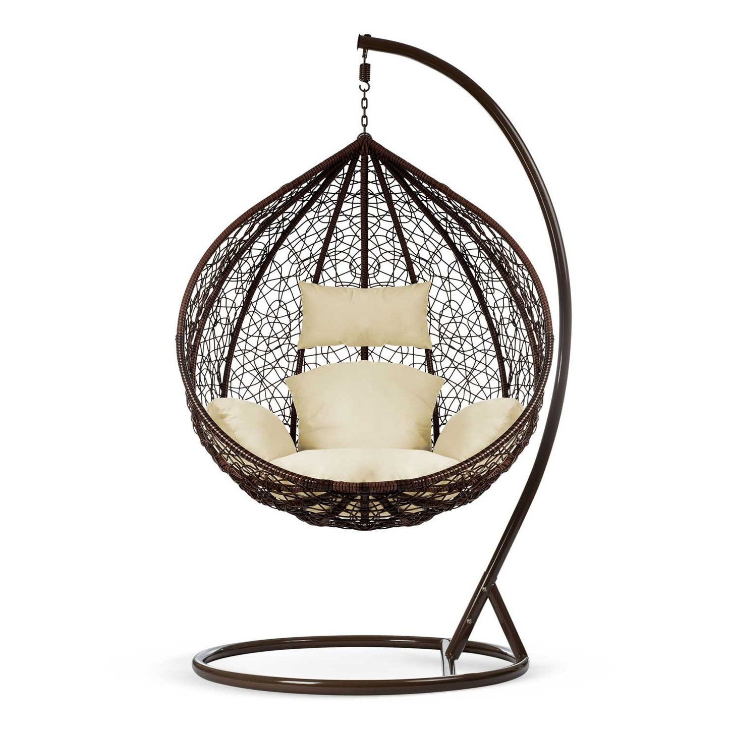 Havana brown hanging rocking garden chair + cream cushions