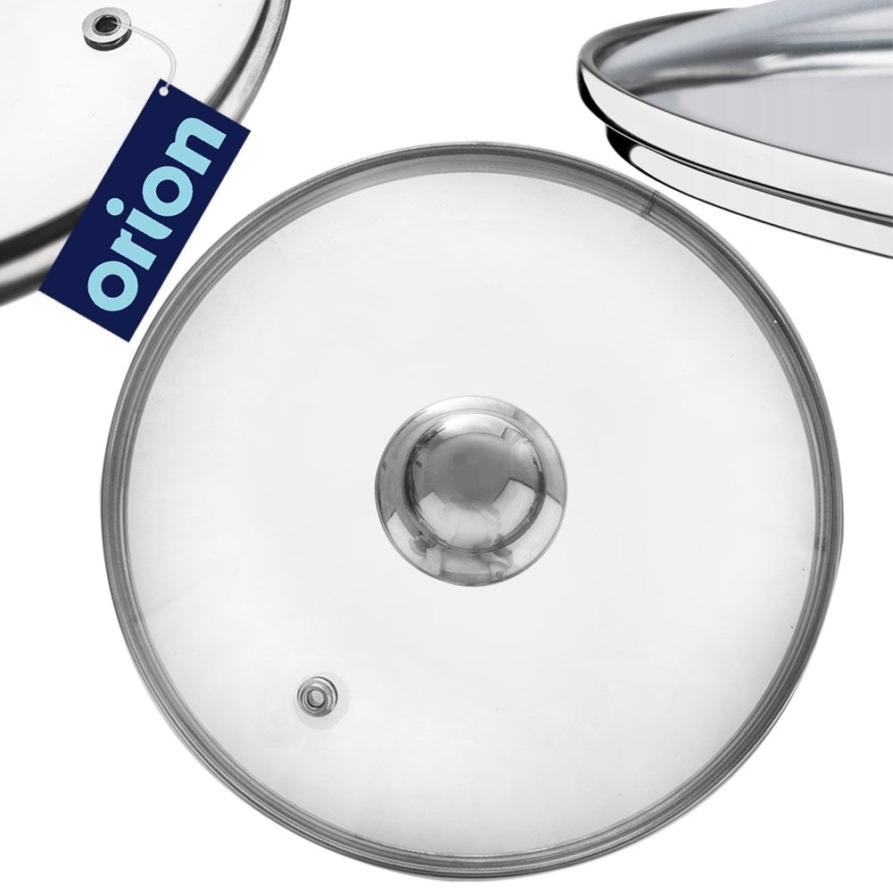 Heat-resistant glass lid with steel edge and steam outlet.