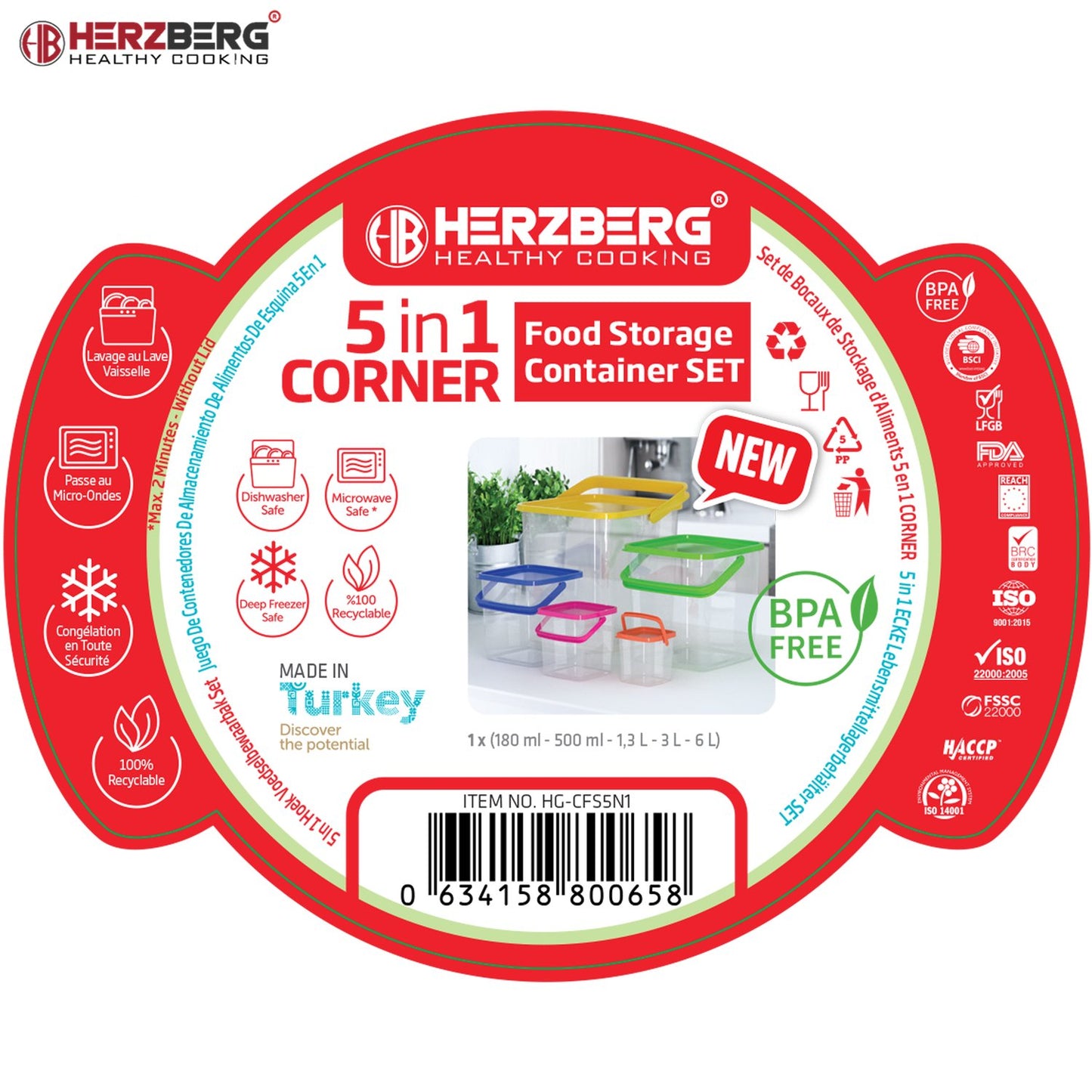 Herzberg 5-in-1 Corner Cubic Food Storage Container SET with Handle