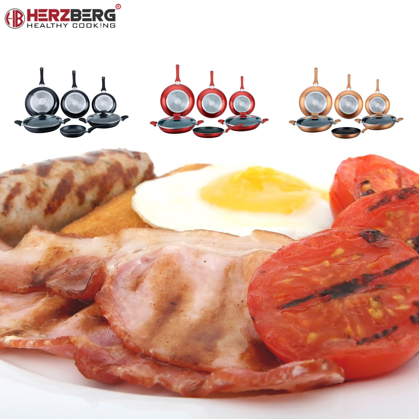 Herzberg 8 Pieces Marble Coated Frying Pan Set Red