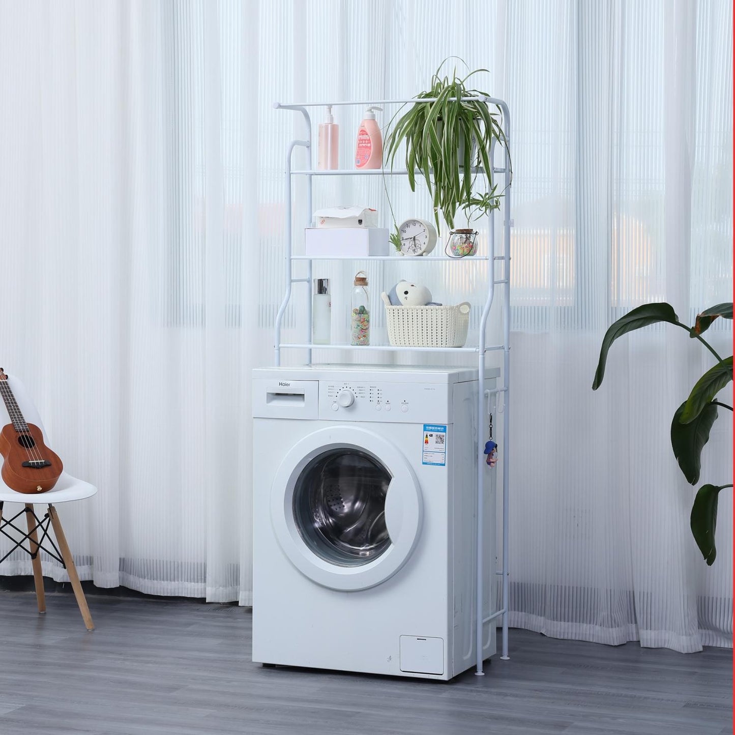 Herzberg HG-03299: 3-Tier Washing Machine and Bathroom Storage Shelf with Towel Hanger Black