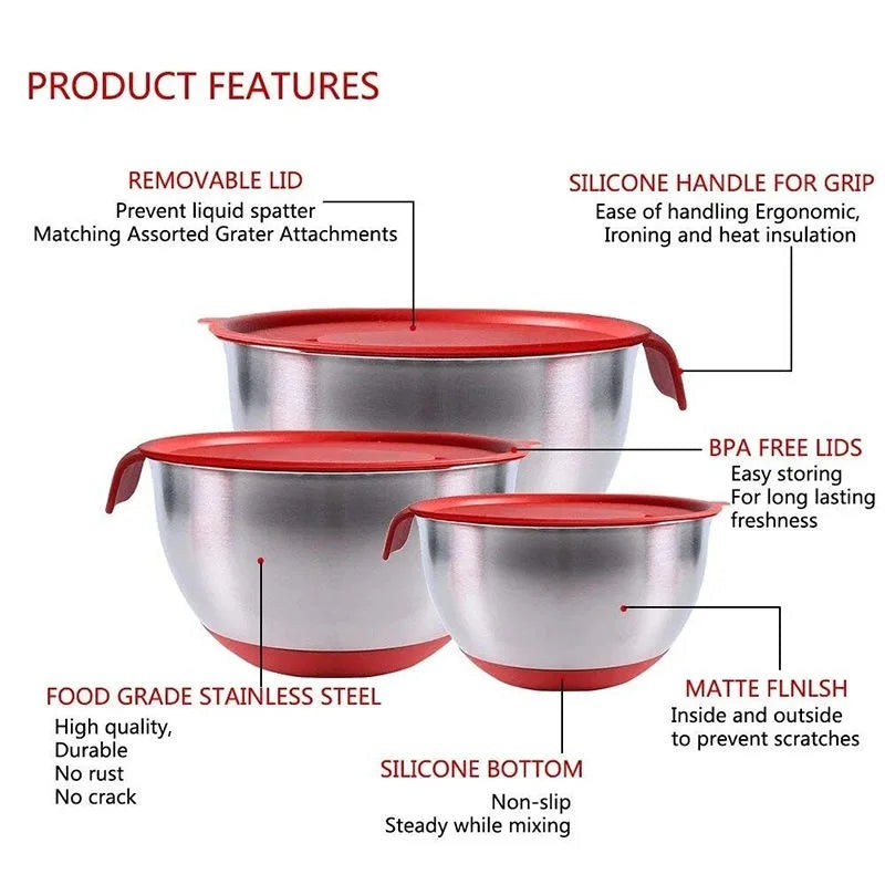 Herzberg HG-04036: 3 Pieces Mixing Bowl with Grater Lid Set