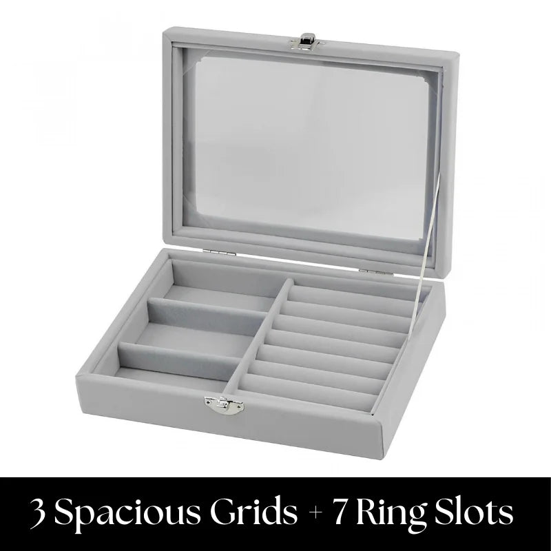 Herzberg HG-05330: Velvet Jewelry Organizer with Glass Lid, 3 Grids + 7 Ring Slots