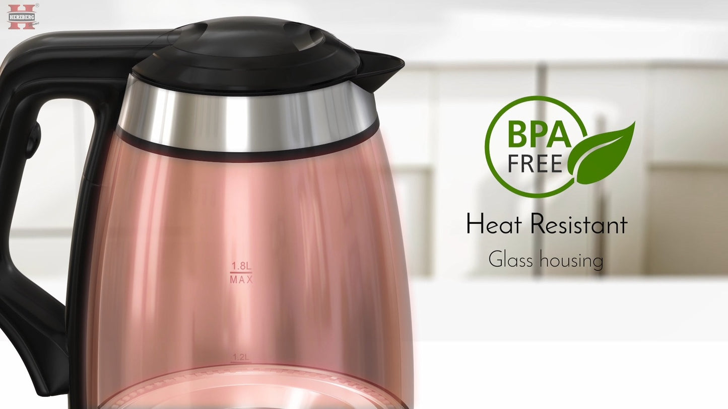 Herzberg HG-5044: 1.8L Electric Glass Kettle With LED Light Indicator