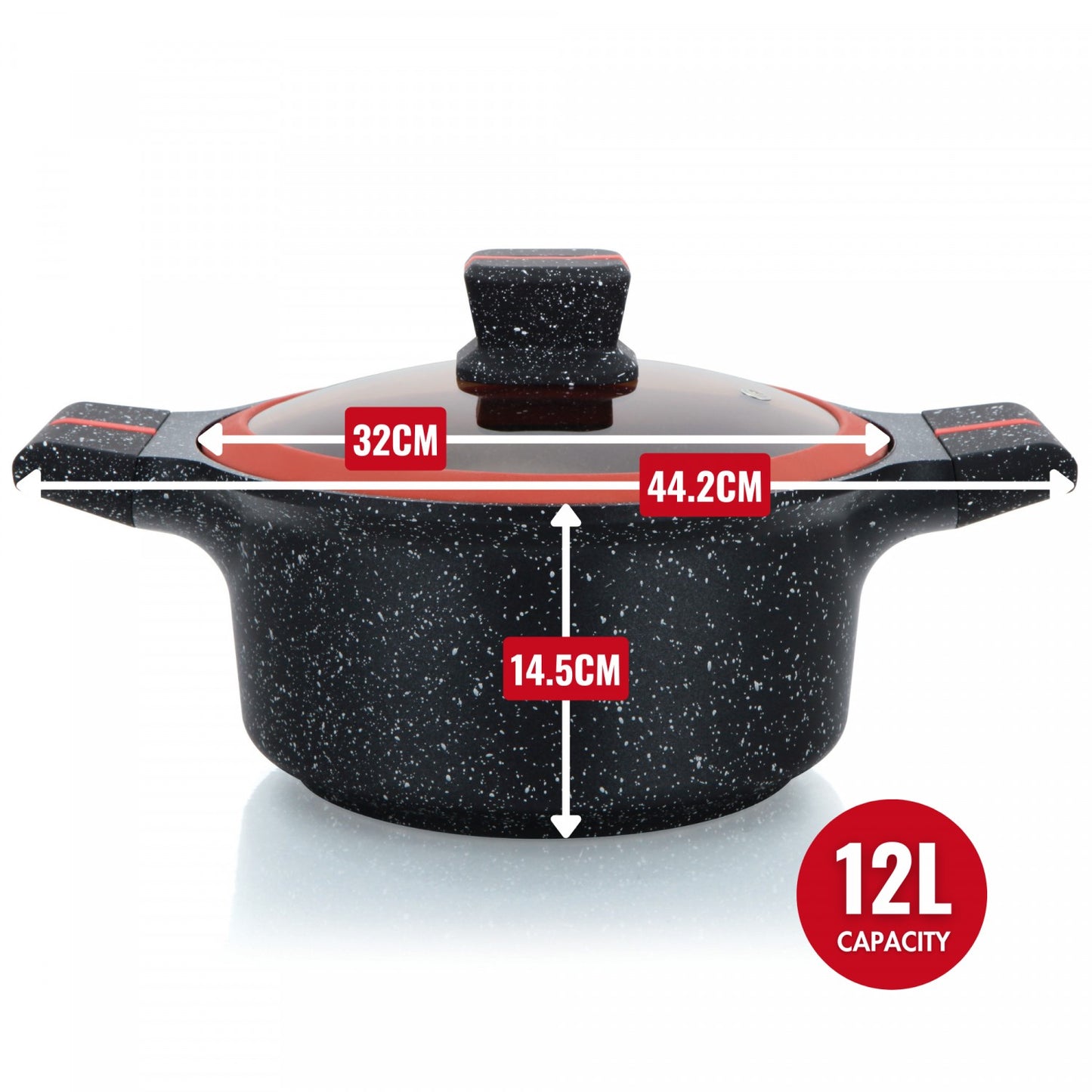 Herzberg HG-RSCAS32: Granite-Coated Casserole with Glass Lid - 32CM