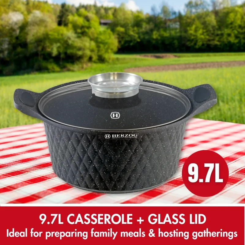 Herzog HR-5219: 32cm Diamond Design Marble CoatedCasserole with Aroma Knob - 9.7L