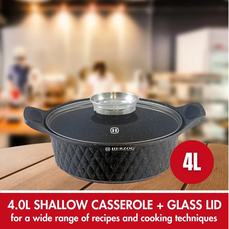 Herzog HR-5220: 28cm Diamond Design Marble CoatedShallow Casserole with Aroma Knob - 4L