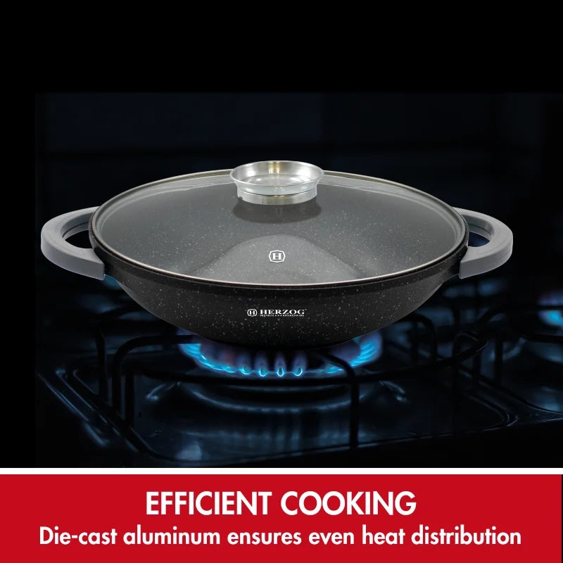 Herzog HR-5229: 32cmMarble Coated Wok with Glass Lid Aroma Knob - 4.3L