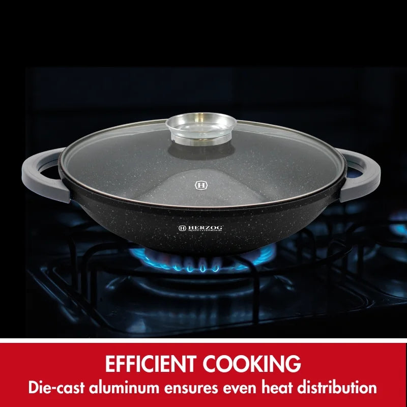 Herzog HR-5230: 36cmMarble Coated Wok with Glass Lid Aroma Knob - 6.2L