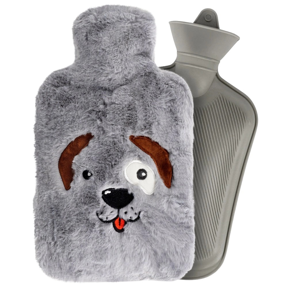 Hot Water Bottle with Gray Dog Cover, 1.8L Capacity
