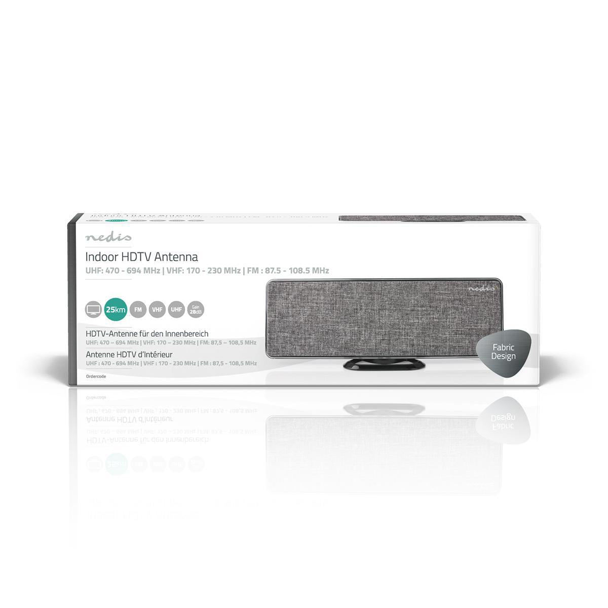 Indoor antenna | Active | FM / UHF / VHF | Reception area: 0-25 km | LTE700 | Gain: 28 dB | ABS / Fabric | Gray