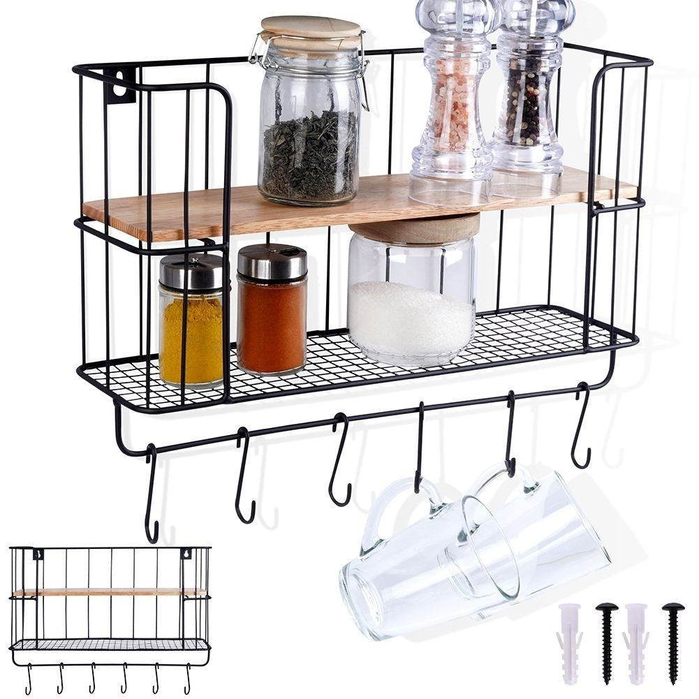 Industrial Wall Mounted Shelf with Hooks and Wooden Plate